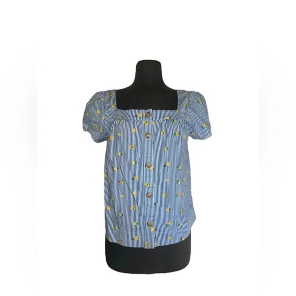 J Crew Blue Stripe Lemon Print Square Neck Button Blouse | XS - Picture 1 of 6